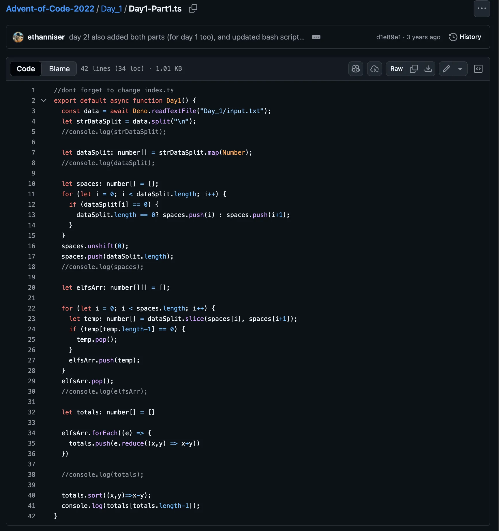 Code solving AOC 2022 day 1 part 1