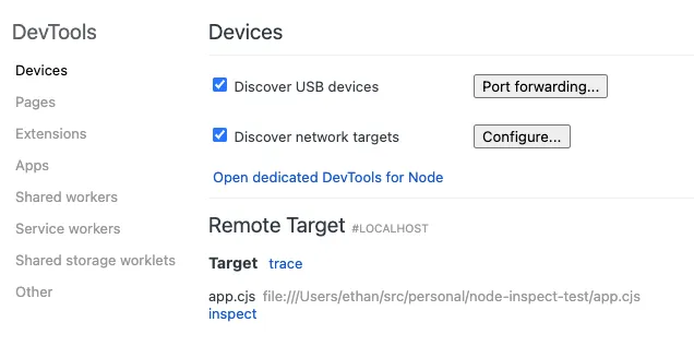 the chrome inspect dev tools page