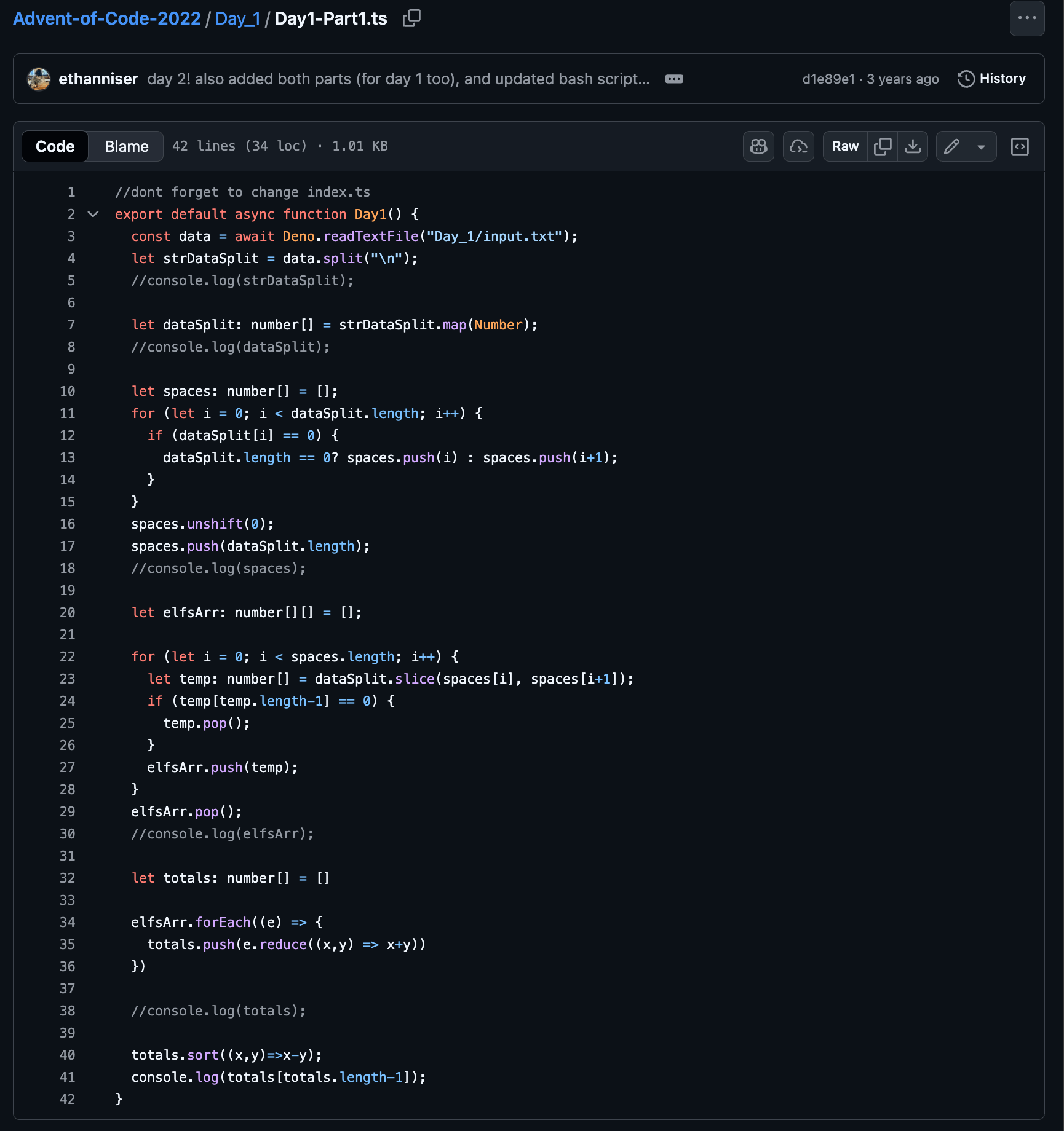 Code solving AOC 2022 day 1 part 1