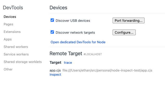the chrome inspect dev tools page